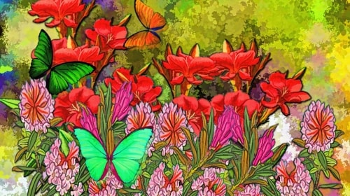 Painted Flowers And Butterflies