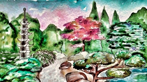 Japanese Garden Watercolor – Sunday’s Tranquil Jigsaw Puzzle