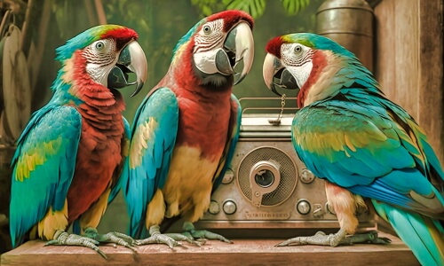 Three Macaws And A Radio