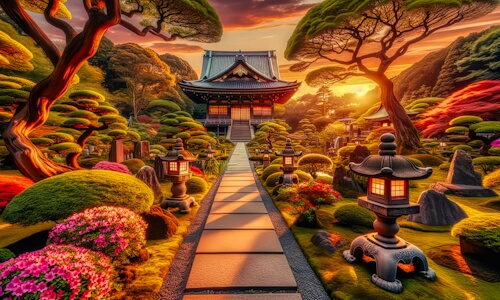 Japanese Temple and Gardens At Sunset