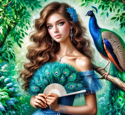 Lady And A Peacock – Saturday’s Daily Jigsaw Puzzle